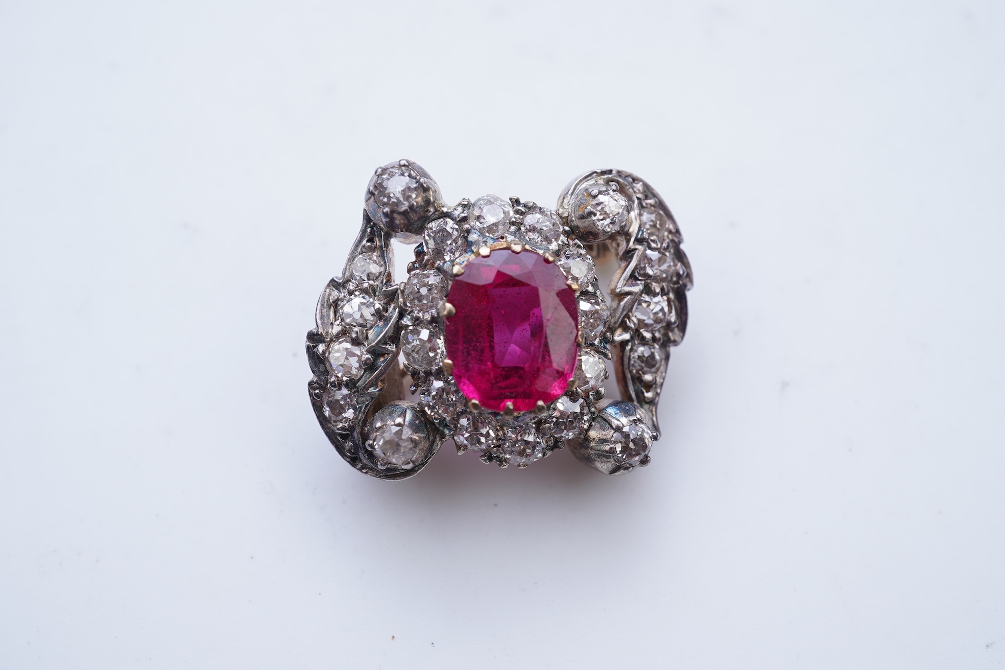 A synthetic ruby and diamond brooch, early 20th century
